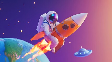Astronaut piloted rocket in space with planets and a flying saucer.