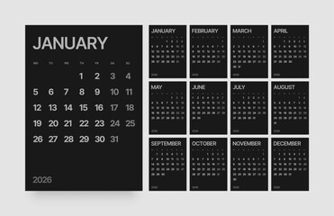 Monthly calendar layout for 2026 year.Vertical diary planner for 2026 year in dark color. Week Starts on Monday. 