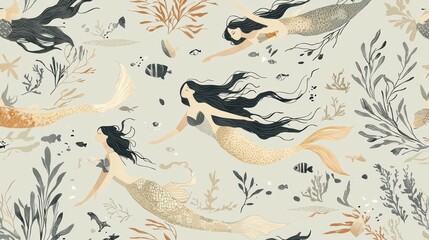 Dreamy Seamless Pattern of Little Mermaids Swimming Underwater
