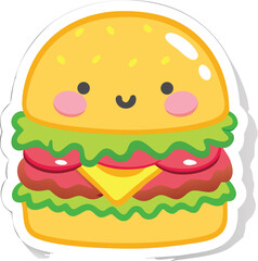 Adorable Cartoon Hamburger Sticker Cute Food Illustration for Menu, Website, or Social Media