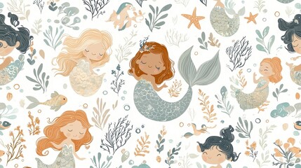 Dreamy Seamless Pattern of Little Mermaids Swimming Underwater