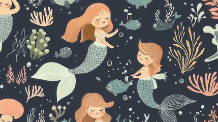 Dreamy Seamless Pattern of Mermaids Swimming in Deep Blue Ocean