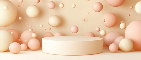 Pastel-toned spheres surround a blank, cylindrical pedestal against a beige backdrop