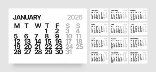 Monthly calendar layout for 2026 year. Minimalistic Diary for 2026 year. Week Starts on Monday. 