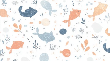 Dreamy Seamless Pattern of Tiny Pastel Colored Fish and Nature Elements