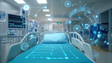 Advanced medical technology in a hospital room healthcare facility digital illustration clinical environment wide angle innovation insights