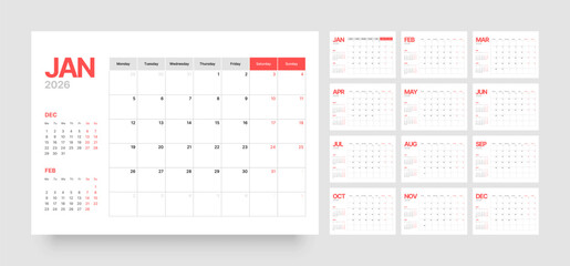 Monthly calendar layout for 2026 year. Diary planner for 2026 year. Week Starts on Monday. 