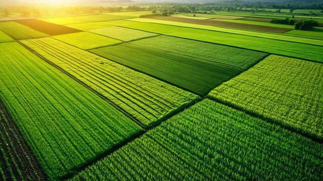 Aerial View of Lush Green Agricultural Fields at Sunset with Vibrant Patchwork Patterns