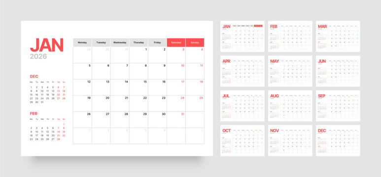 Monthly calendar layout for 2026 year. Diary planner for 2026 year. Week Starts on Monday. 