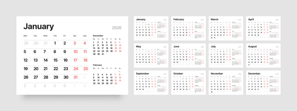 Monthly calendar layout for 2026 year. Diary planner for 2026 year. Week Starts on Monday. 