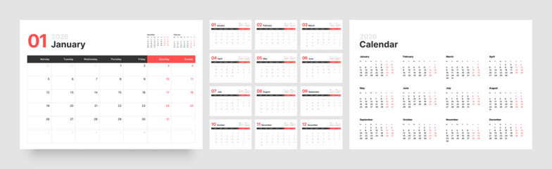 Monthly calendar layout for 2026 year. Diary planner for 2026 year. Week Starts on Monday. 