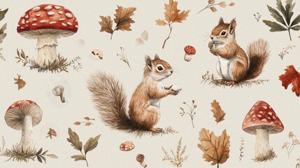 Adorable Forest Mushrooms and Squirrel Illustrations in Seamless Design