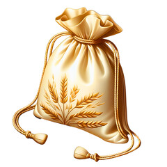 Golden silk bag with wheat pattern and drawstring on white background with copy space