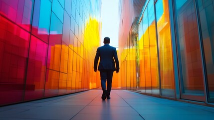 Urban business journey walking through colorful architecture in a modern cityscape