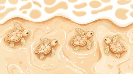 Cute Baby Turtles Waddling on Beach Under Soft Ocean Waves