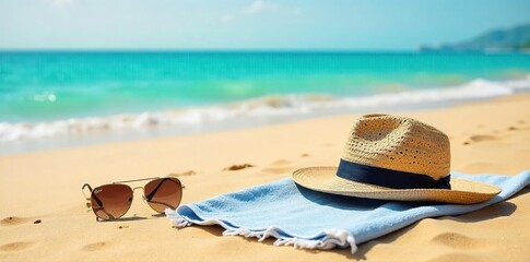 Obraz premium A lone towel, sunglasses, and a beach hat rest on golden sand near the ocean, ready for a relaxing day The perfect image for summer, vacation, or relaxation themes , bright, shoreline, beach