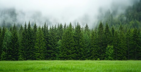 Fototapeta premium Lush green meadow and misty evergreen forest