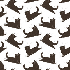 Seamless pattern with a cat on a white background. Silhouette and outline.