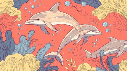 Whimsical Seamless Pattern of Tiny Dolphins Jumping in Coral Waters