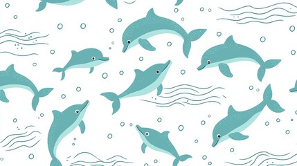 Whimsical Seamless Pattern with Tiny Dolphins Jumping and Swimming