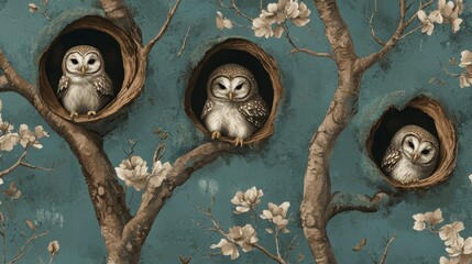 Whimsical Seamless Pattern of Tiny Sleepy Owls Nesting in Trees