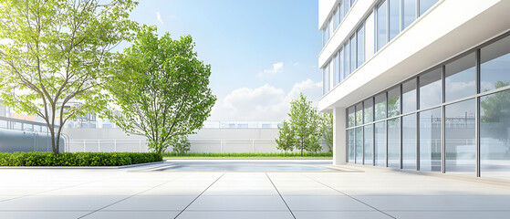 Fototapeta premium Modern Office Building Exterior With Lush Trees