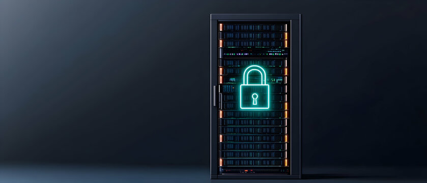 Secure Server Rack With Neon Lock Symbol