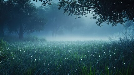 Misty Forest Meadow at Dawn