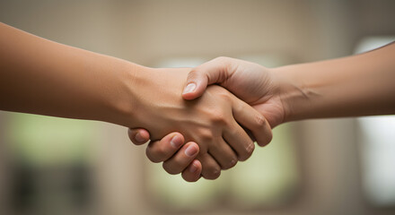 An up-close shot captures a formal handshake between two people, signifying an agreement or collaboration