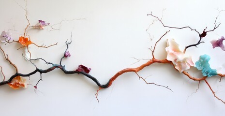 Stylized branch arrangement with pastel and jewel tone organic forms