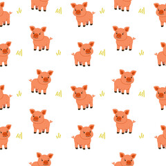 Seamless pattern with cute pig in flat style on white background with grass, perfect for kids products, nursery designs, farm-themed decor, and textile applications