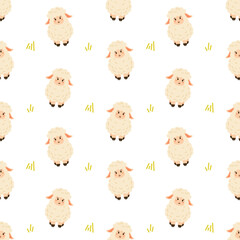 Cute seamless pattern with fluffy cartoon sheep and yellow grass elements, perfect for baby products, textiles, nursery decor, and farm-themed designs