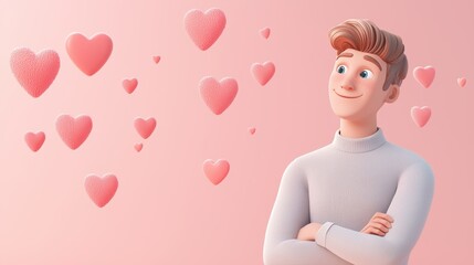 A cheerful 3D character in a white sweater stands with crossed arms, surrounded by floating pink hearts on a pastel background, colorful pride month