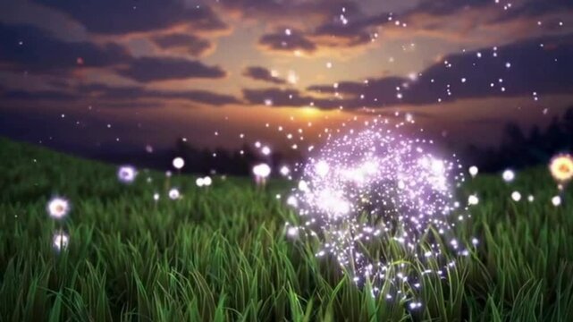 草原から光が出ているファンタジーな風景