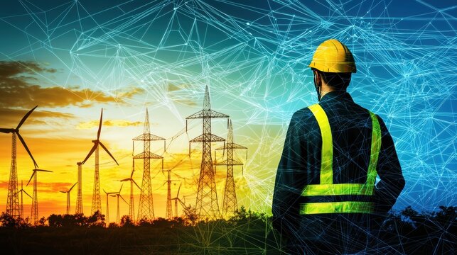 A worker surveys wind turbines and power lines at sunset, with digital network graphics illustrating smart energy technology, clean ai