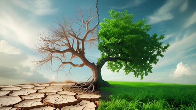 Half dead and alive tree at Drought, Nature background, climate changing & social issue, environmental issue concept abstract banner image
