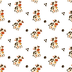 Seamless pattern with cute cartoon cow and hoof prints in flat style, great for kids textiles, baby products, farm-themed designs, and nursery decor