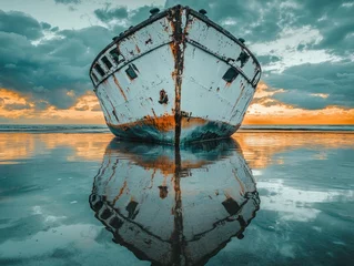 Fototapeten Rusty ship wreck reflected in calm water at sunset © Lestari710