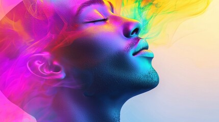A person with closed eyes surrounded by vibrant, colorful smoke in a dreamy, artistic composition, colorful pride month