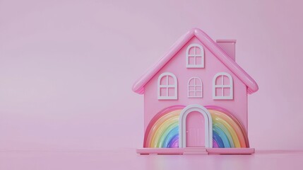 A pink toy house with rainbow details sits against a pastel pink background, colorful pride month