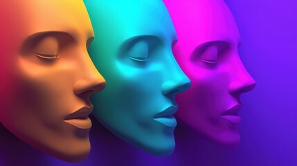 Three colorful, stylized human faces in profile, side by side, against a vibrant gradient background, colorful pride month