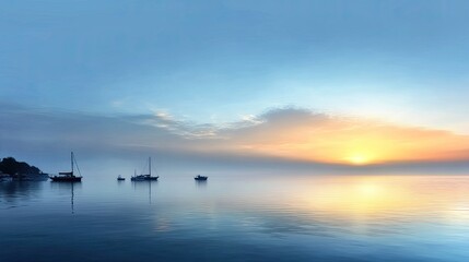 A foggy morning over a calm ocean, with distant boats emerging from the mist and soft pastel colors in the sky. 