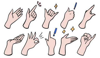 感情や動きを表現するシンプルな手のジェスチャーイラストセット　ベクターカラー