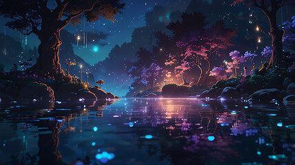 Obraz premium Enchanted Forest A Nighttime River Scene with Magical Lights and Glowing Trees