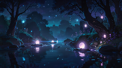 Obraz premium Enchanted Forest Night Glowing River, Magical Lights, Dreamlike Fantasy Art