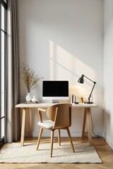 Serene office workspace, minimalist design, featuring a meditation cushion and calming decor; ideal for mindful business practices , yoga, cushion, balance