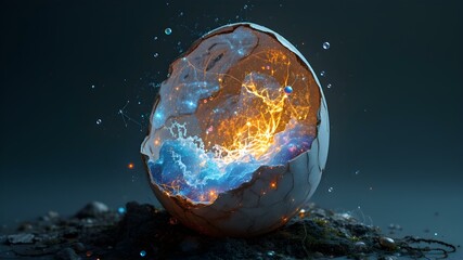 Eggshell Galaxy: A shattered eggshell reveals a vibrant galaxy within, merging fragility with cosmic wonder in a surreal and captivating image.