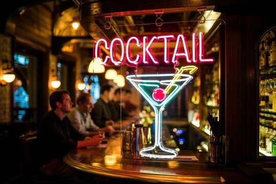 A photograph of a vibrant neon sign hanging inside a dimly lit bar, displaying COCKTAIL in glowing pink lettering - Powered by Adobe