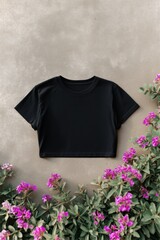 A black cropped t-shirt mockup against a textured wall, surrounded by vibrant pink flowers and green foliage.
