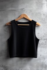 A simple black sleeveless crop top mockup hanging on a wooden hanger against a textured gray wall. The minimalist design emphasizes the fabric's smooth texture and modern style.